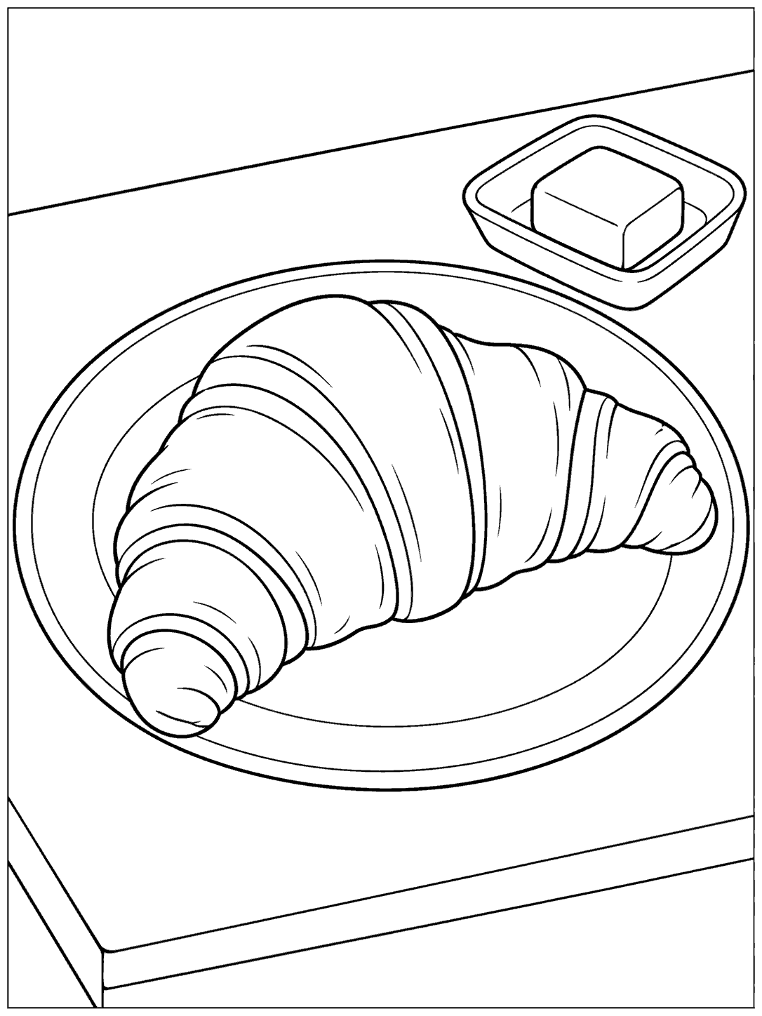 Black and white croissant coloring page with a butter dish on a table.