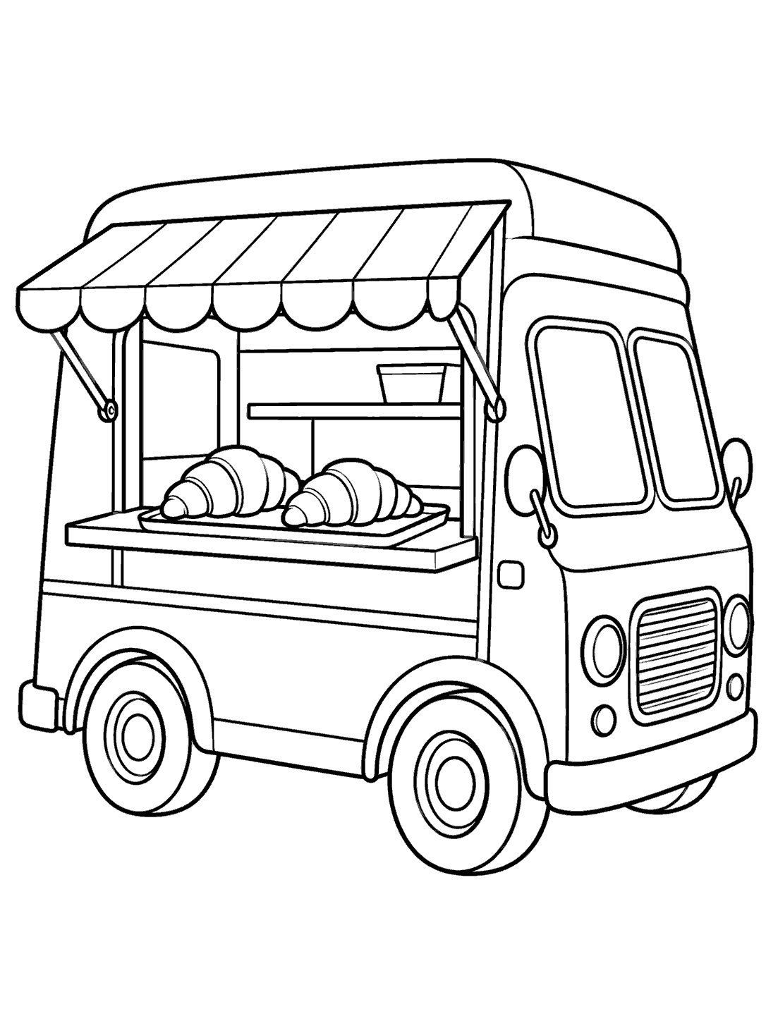 Black-and-white coloring page of a street-food truck with an open serving window and two croissants on a tray.