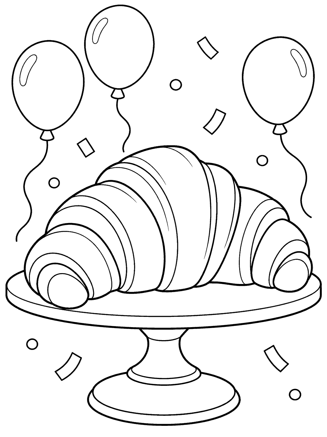 Croissant on a pedestal stand with balloons and confetti, in a coloring page illustration.