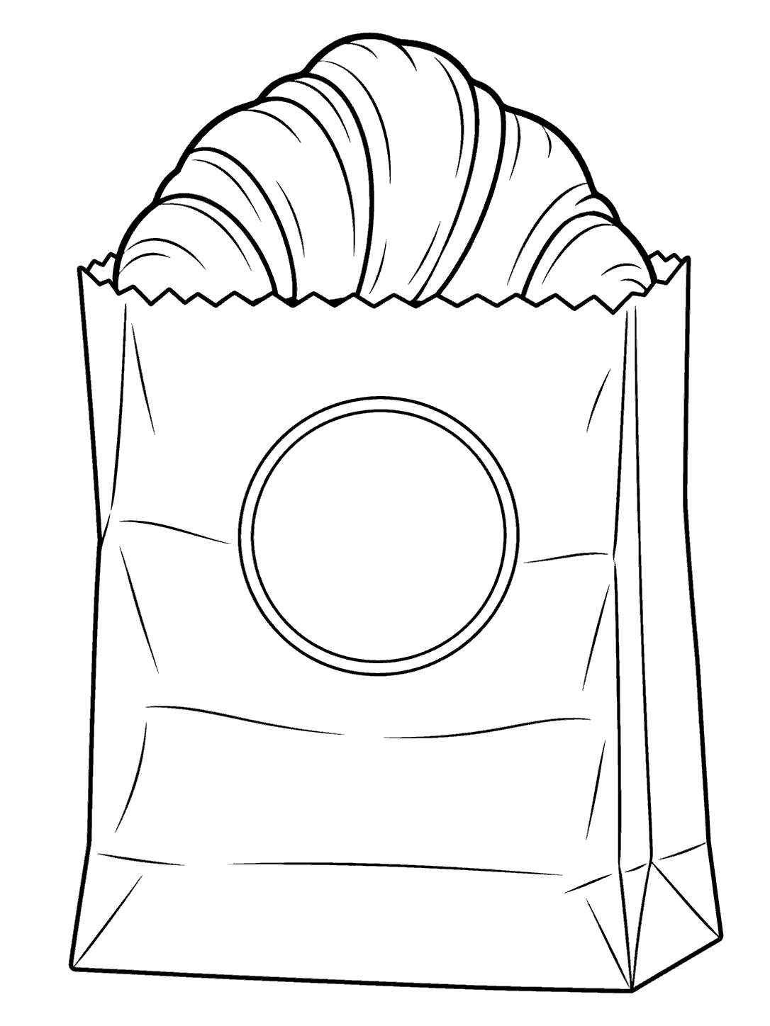 Black-and-white croissant peeking from a paper bakery bag coloring page