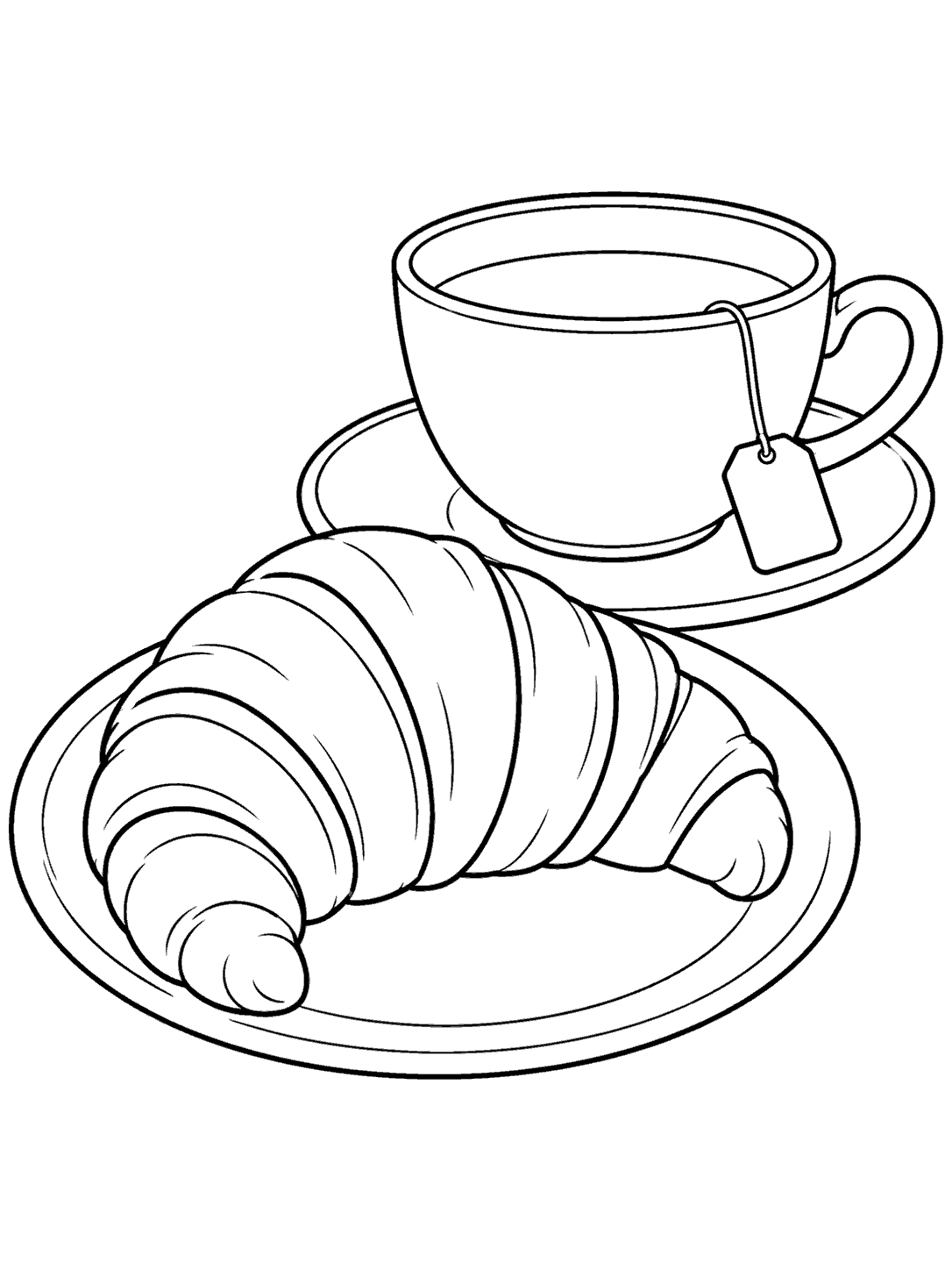 Black outline coloring page of a croissant on a plate beside a teacup and saucer, with a hanging tea bag tag.
