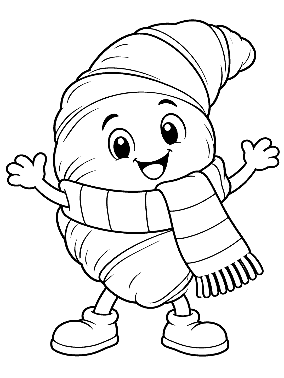 Smiling croissant character with raised arms, a striped scarf, and winter boots in a black-and-white coloring page.