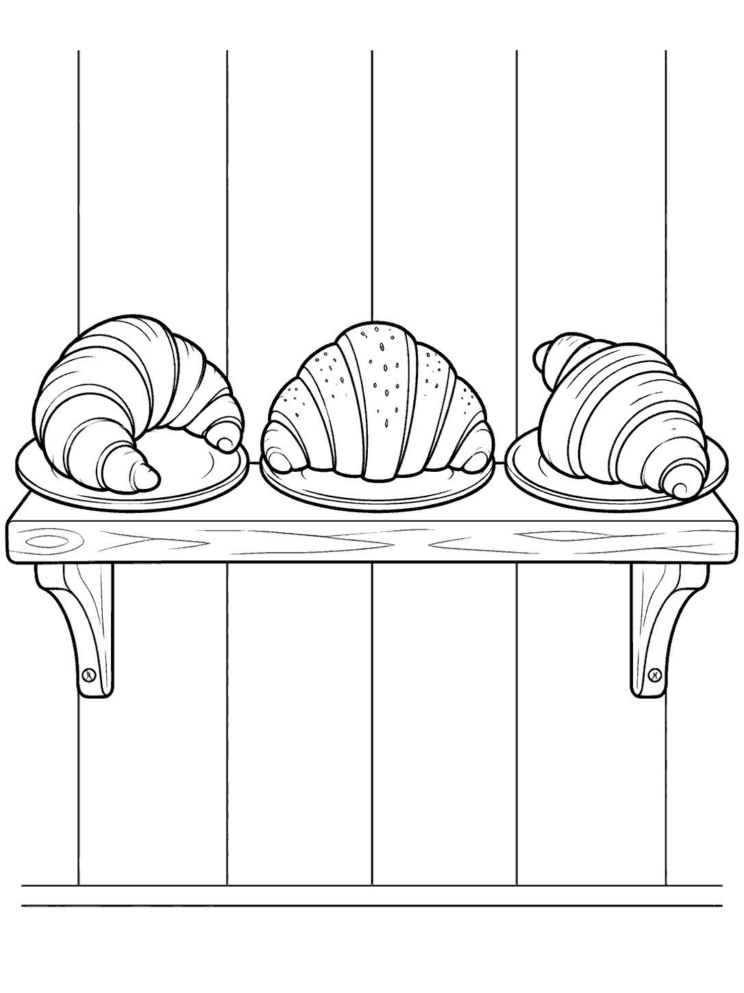 Three croissants on plates displayed on a bakery shelf coloring page