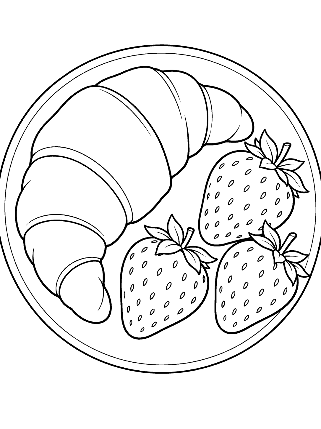 Black outline coloring page of a croissant and three strawberries on a round plate