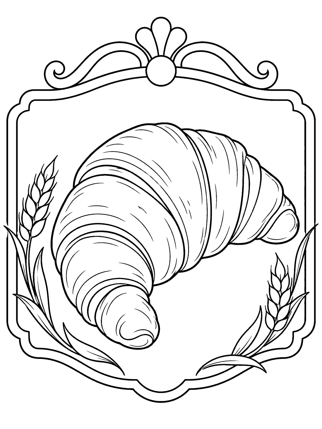 Black-and-white croissant coloring page with a croissant inside a blank decorative bakery plaque and wheat sprigs nearby.