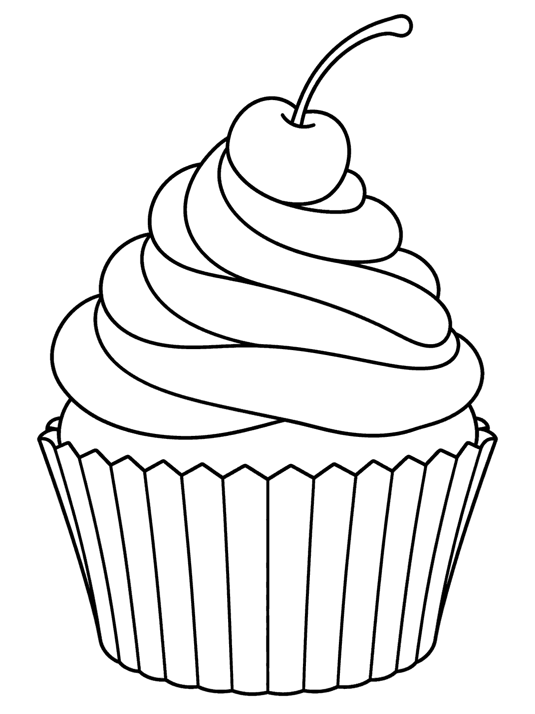 Classic cupcake with swirled frosting and cherry coloring page
