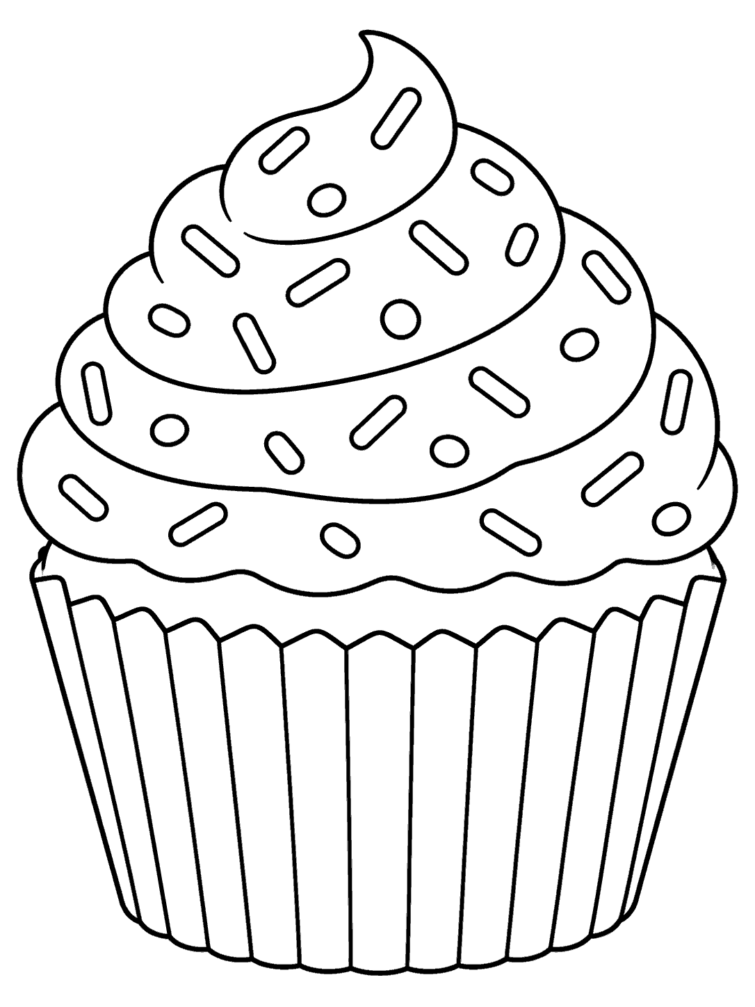 Large black-and-white cupcake coloring page with a ridged liner and sprinkle-covered frosting
