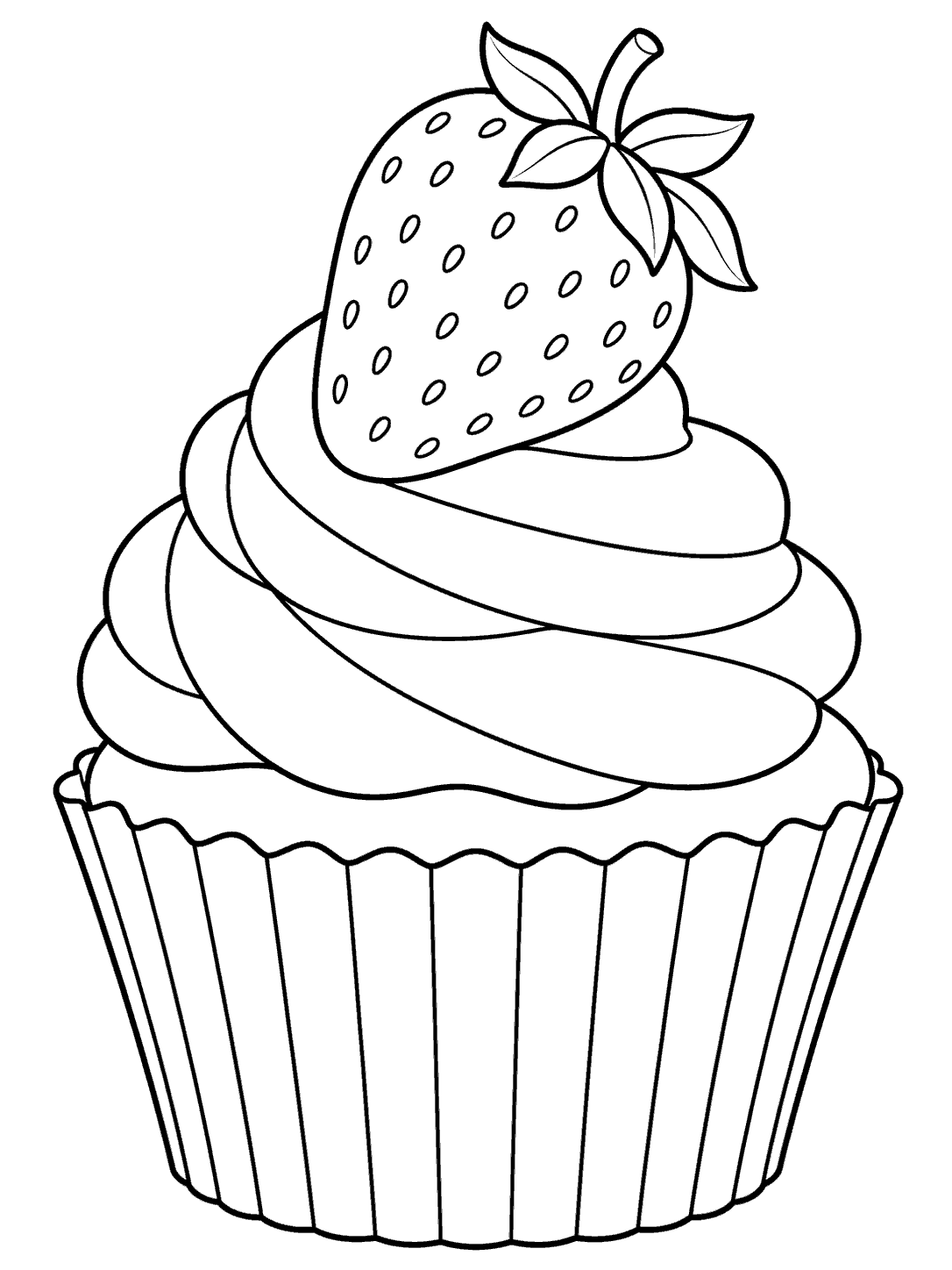 Black outline coloring page of a cupcake topped with a seeded strawberry and leaves