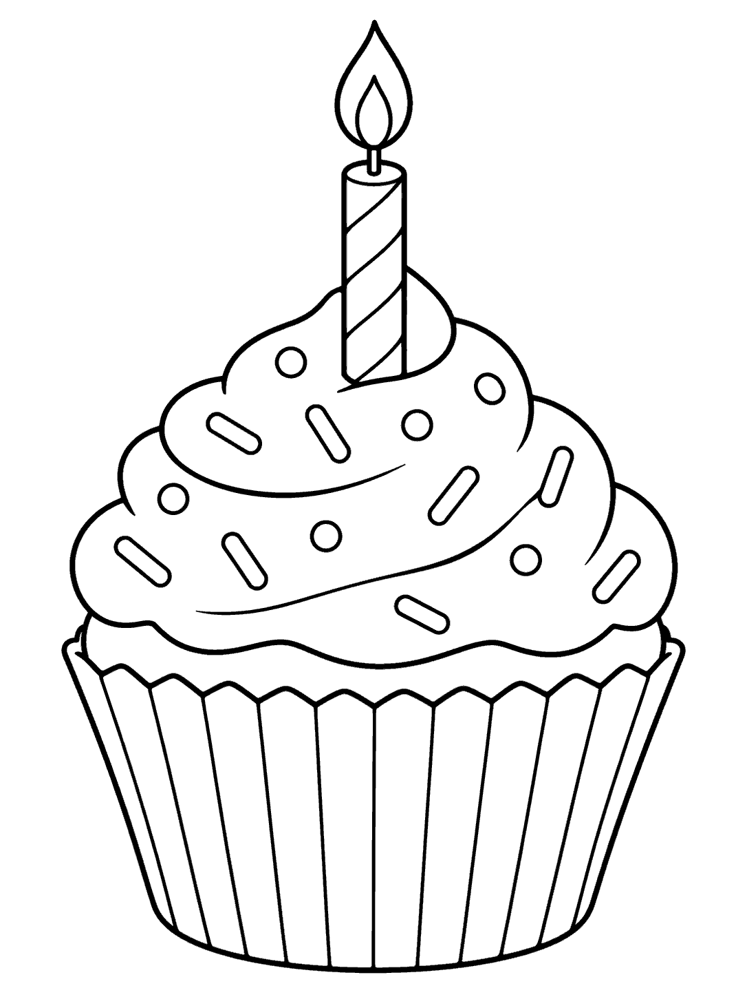 Black outline coloring page of a large cupcake with a fluted liner, swirled frosting, sprinkles, and one upright striped candle with a flame outline.