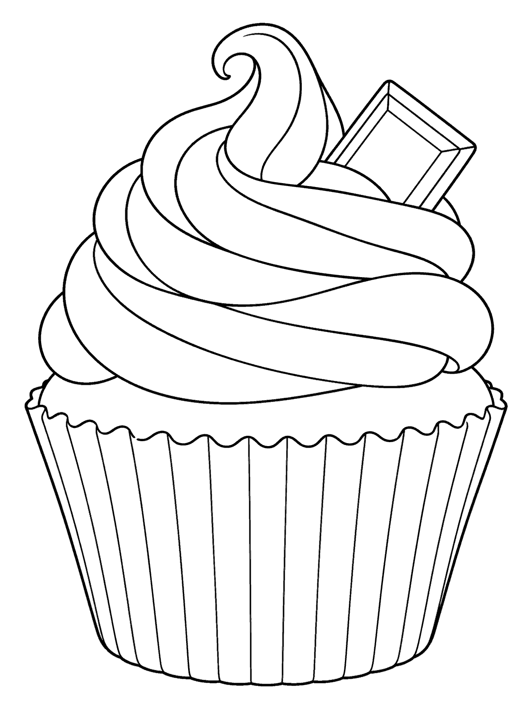 Black outline coloring page of a chocolate-frosted cupcake with a ridged paper case and square chocolate piece