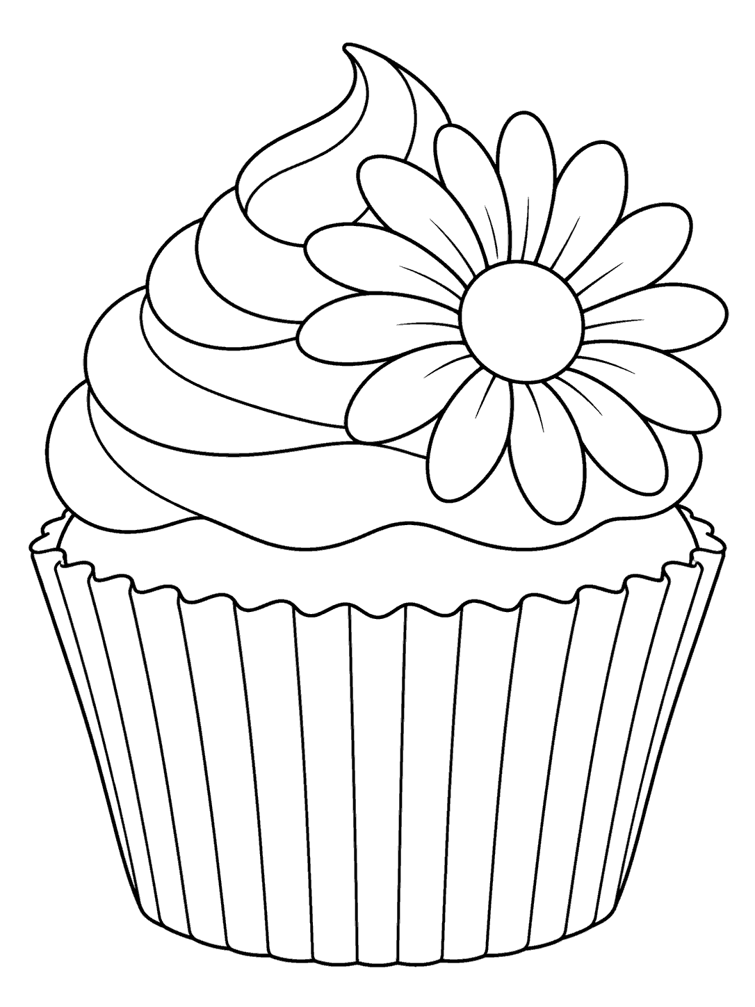 Black line art of a cupcake with a daisy on its frosting and a fluted liner, on a white coloring page.