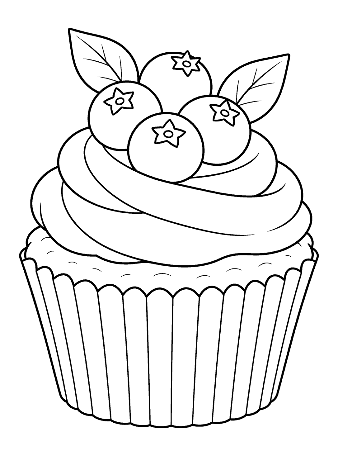 Black-and-white cupcake coloring page with four blueberries, each marked by a star-shaped crown, and two leaves.