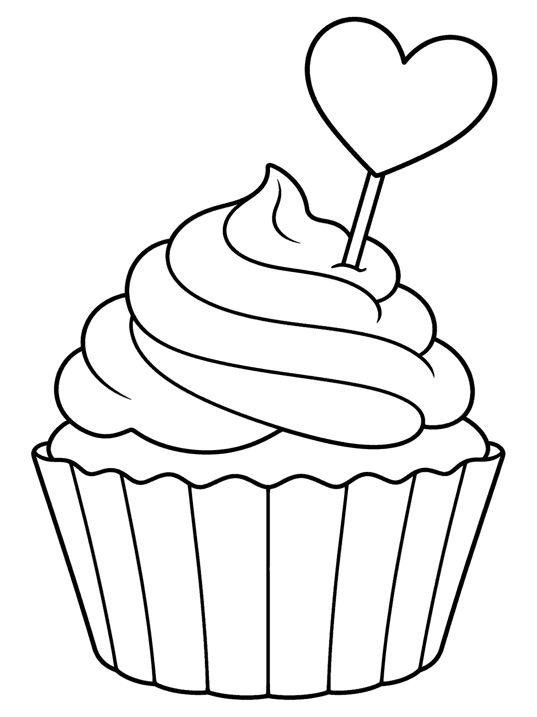 Black and white cupcake coloring page with a ridged liner, swirled frosting, and an empty outline heart topper.