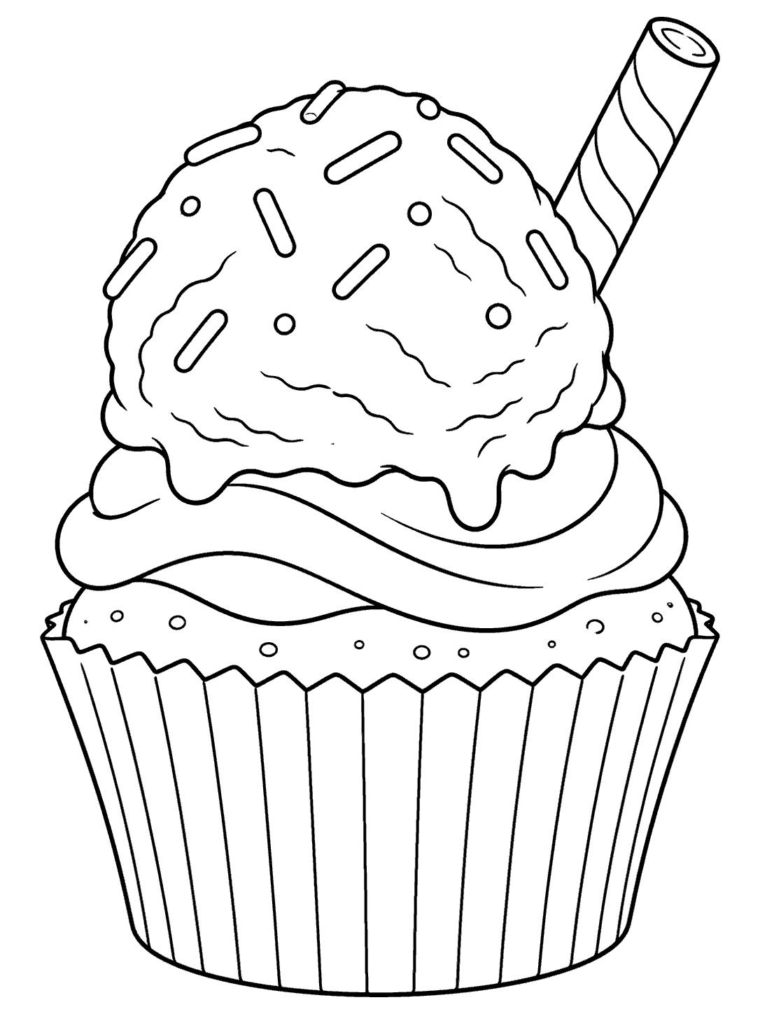 Black outline coloring page of a cupcake with a rounded scoop of ice cream and a wafer stick.