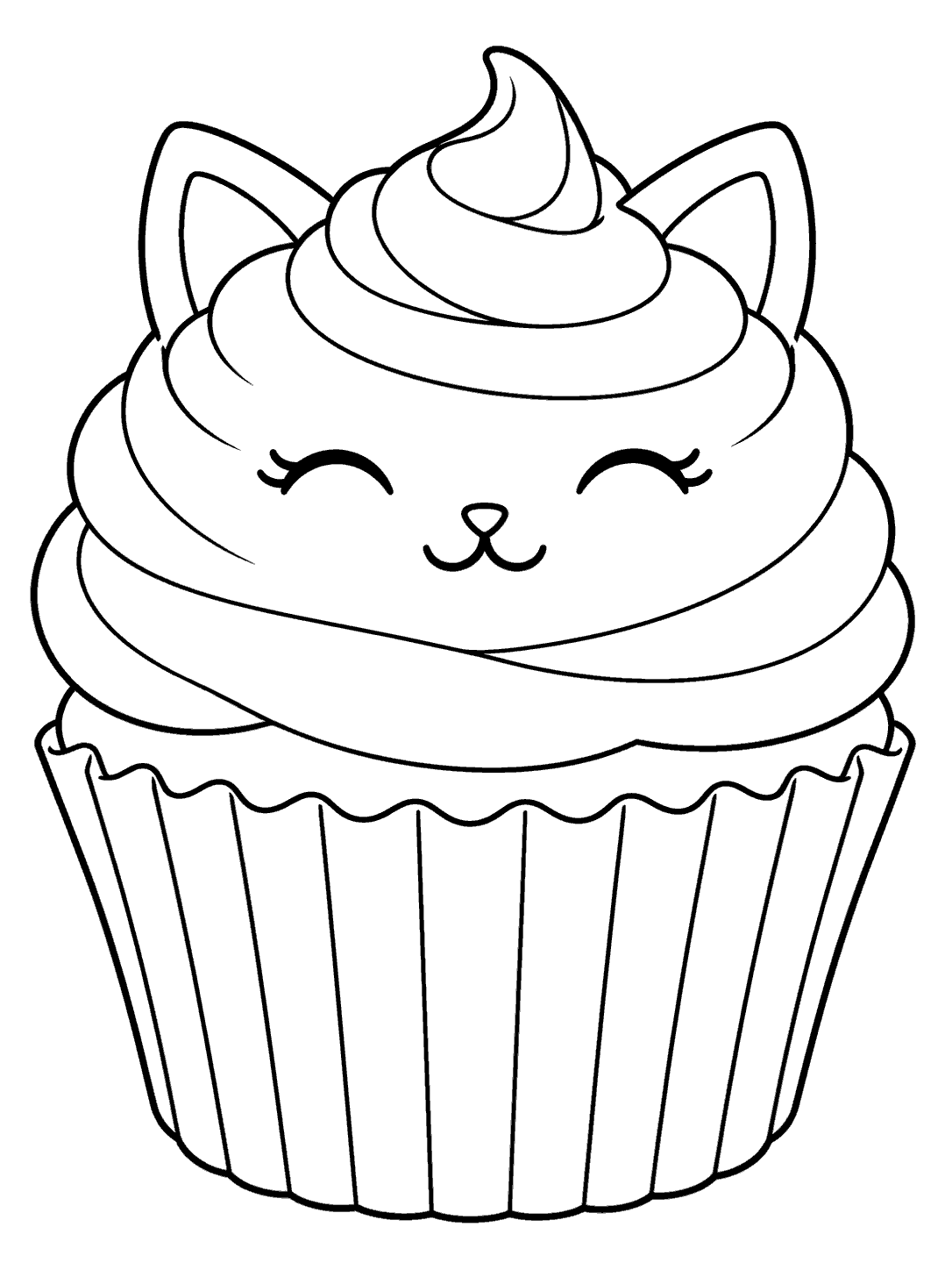 A cupcake coloring page with cat-ear frosting, closed eyes, and a tiny nose and mouth.