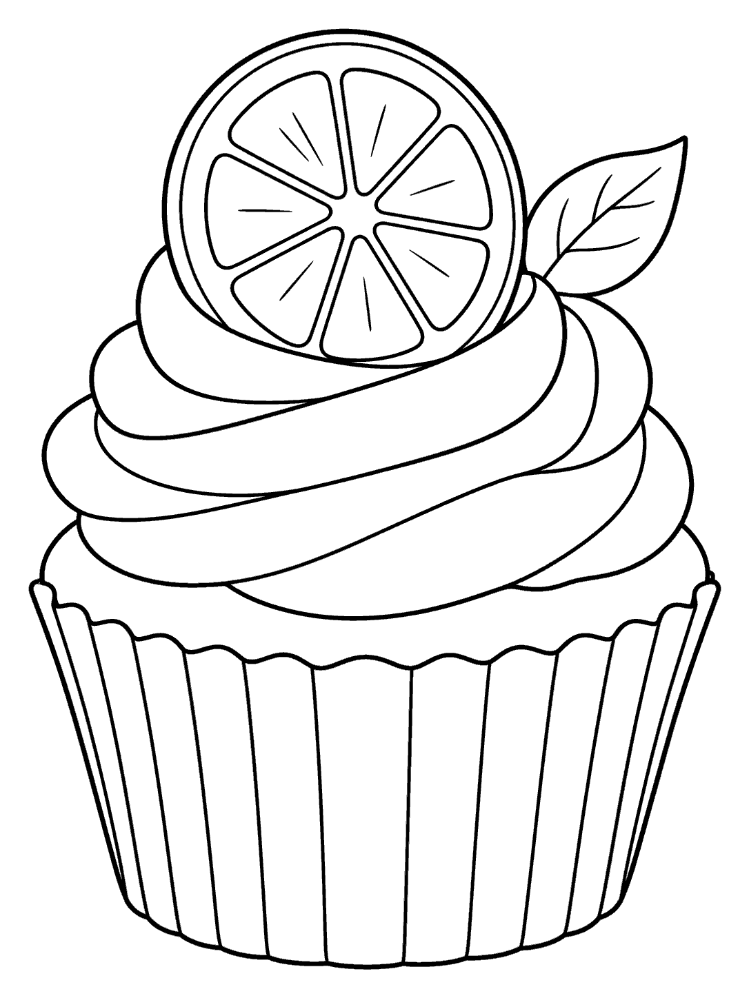 Black-and-white coloring page of a cupcake topped with a lemon wheel and leaf.