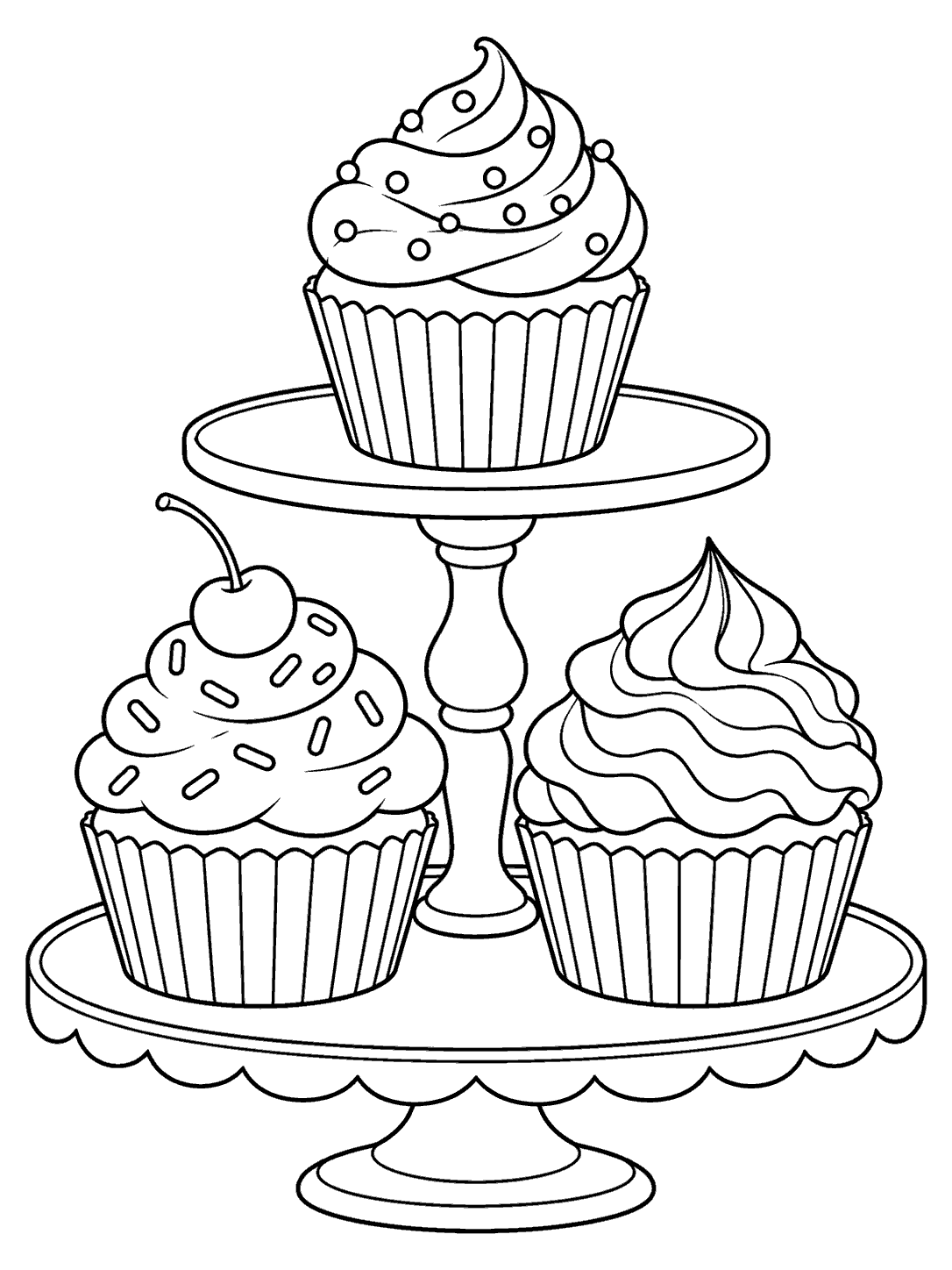 Three cupcakes with different frosting styles arranged on a two-level serving stand coloring page