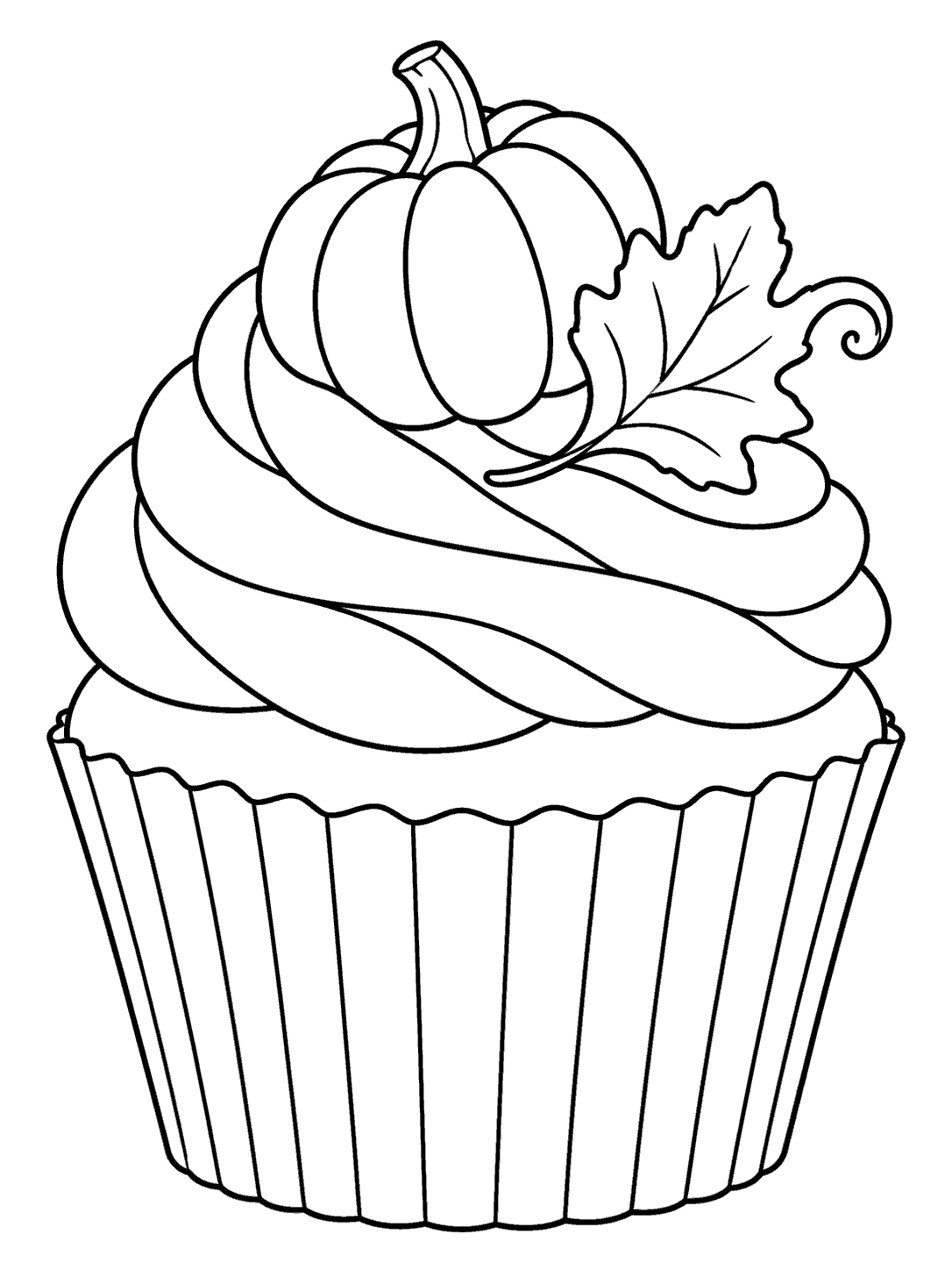 Printable cupcake coloring page with a ribbed pumpkin and curled leaf on the frosting