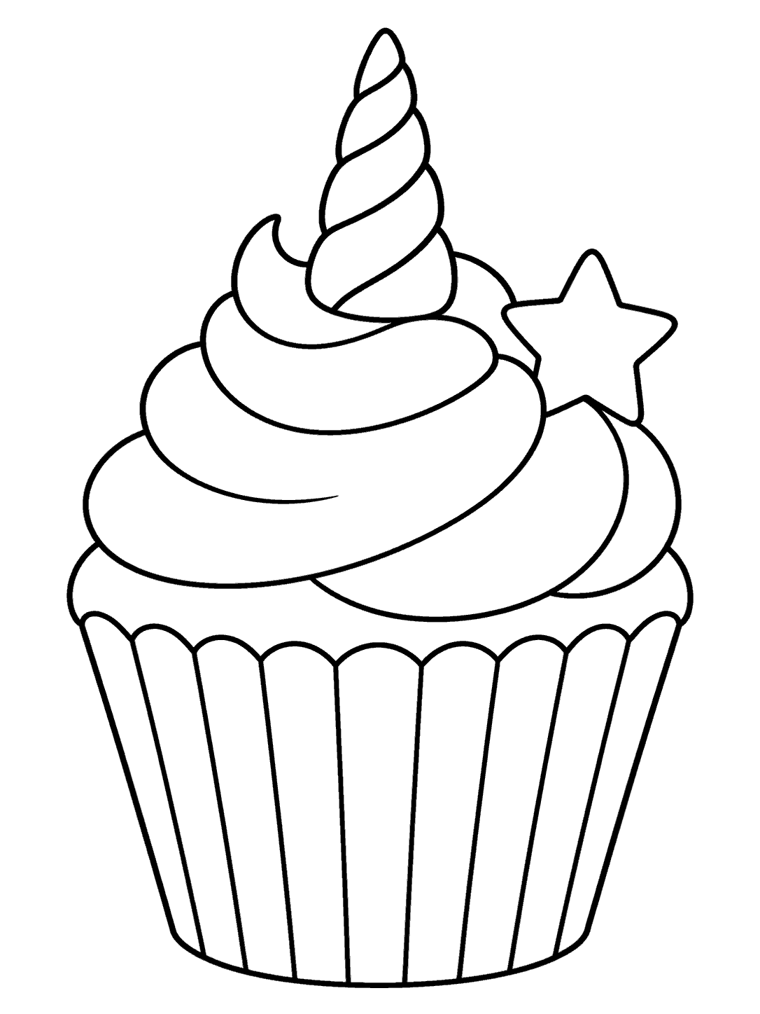 Large cupcake with cloud-like frosting, a separate spiral horn, and a five-point star coloring page