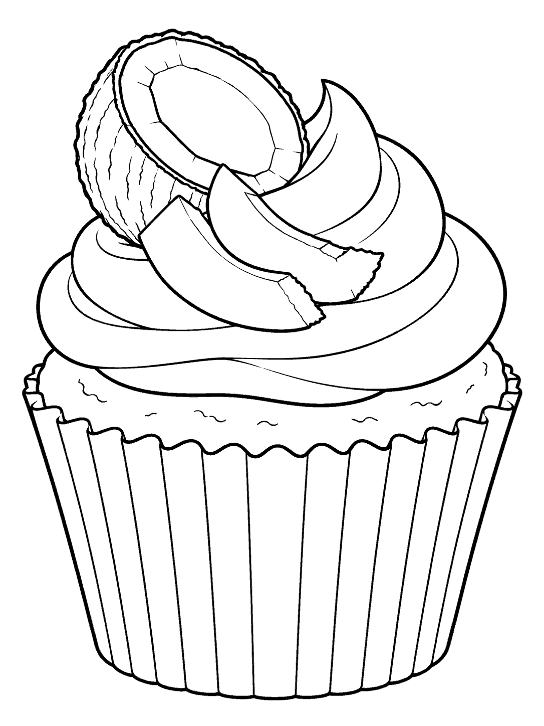 Cupcake coloring page with a coconut half and two flakes on swirled frosting.