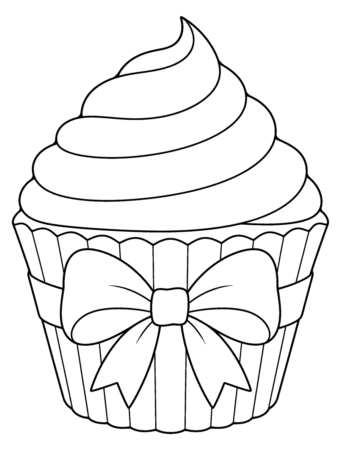 A large bow adorns a fluted cupcake liner beneath a simple frosting swirl.