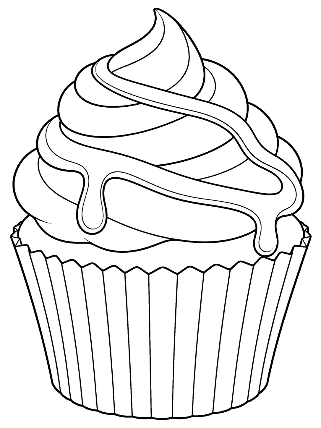 Black-and-white cupcake coloring page with a broad frosting swirl, flowing caramel ribbon with two drips, and a fluted liner.