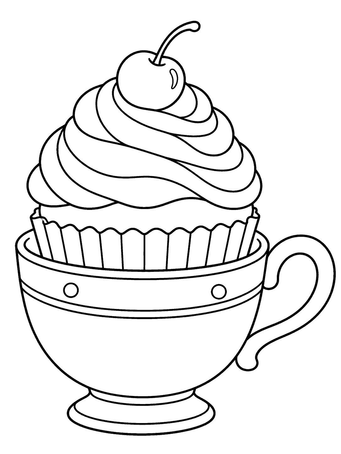 Black line art coloring page of a frosted cupcake with a cherry nestled in a teacup with a visible handle and two-dot band.