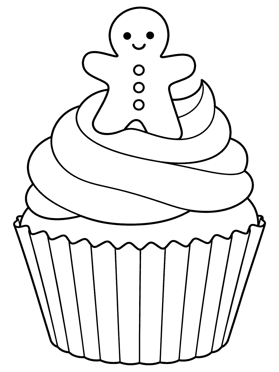 Black-outline cupcake with a smiling gingerbread person and three buttons on top, on a white coloring page.