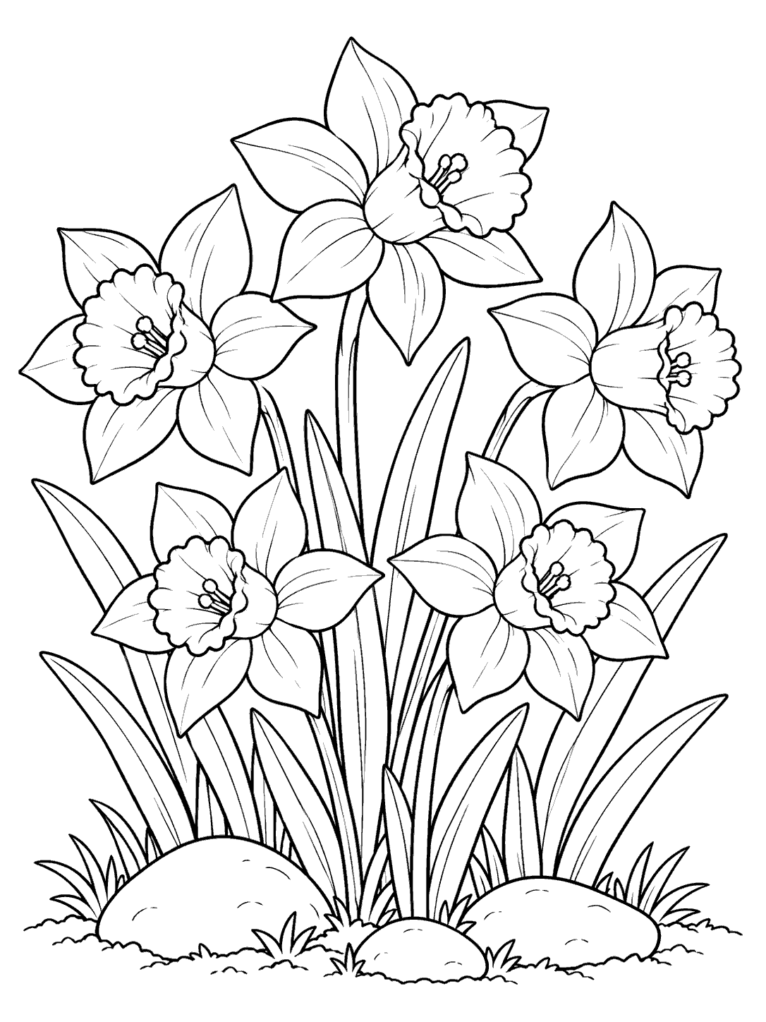 Daffodil coloring page showing five flowers in a garden patch with long leaves and three stones.