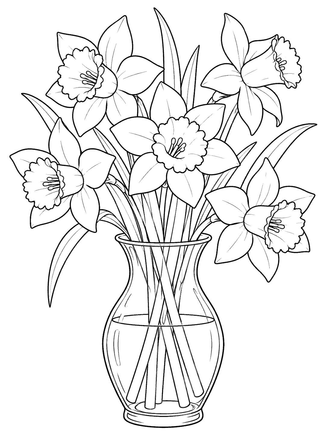 Black-and-white daffodil coloring page showing six blooms and stems in a clear glass vase.