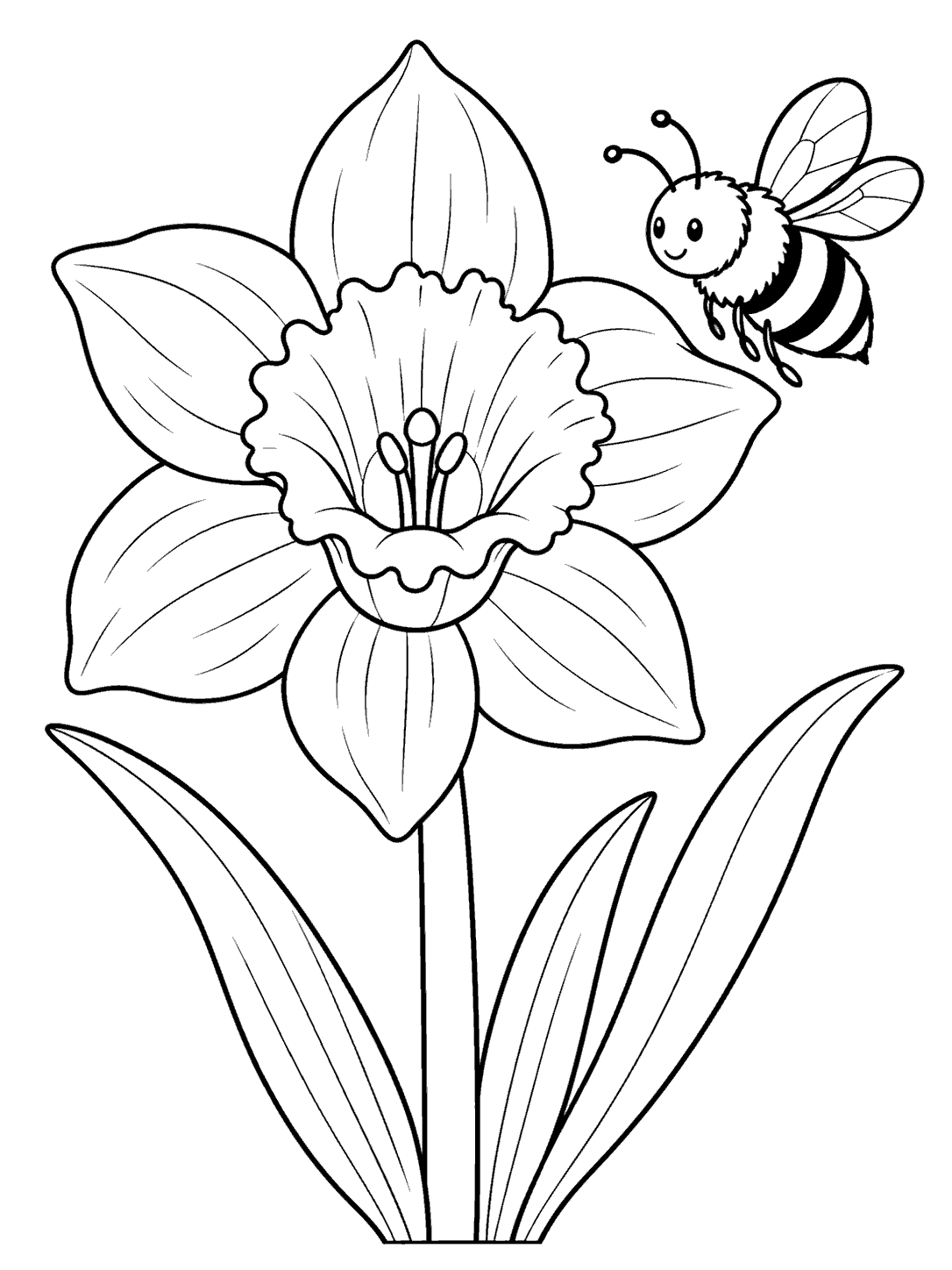 Printable black-and-white daffodil coloring page with a smiling striped bumblebee hovering beside the flower.