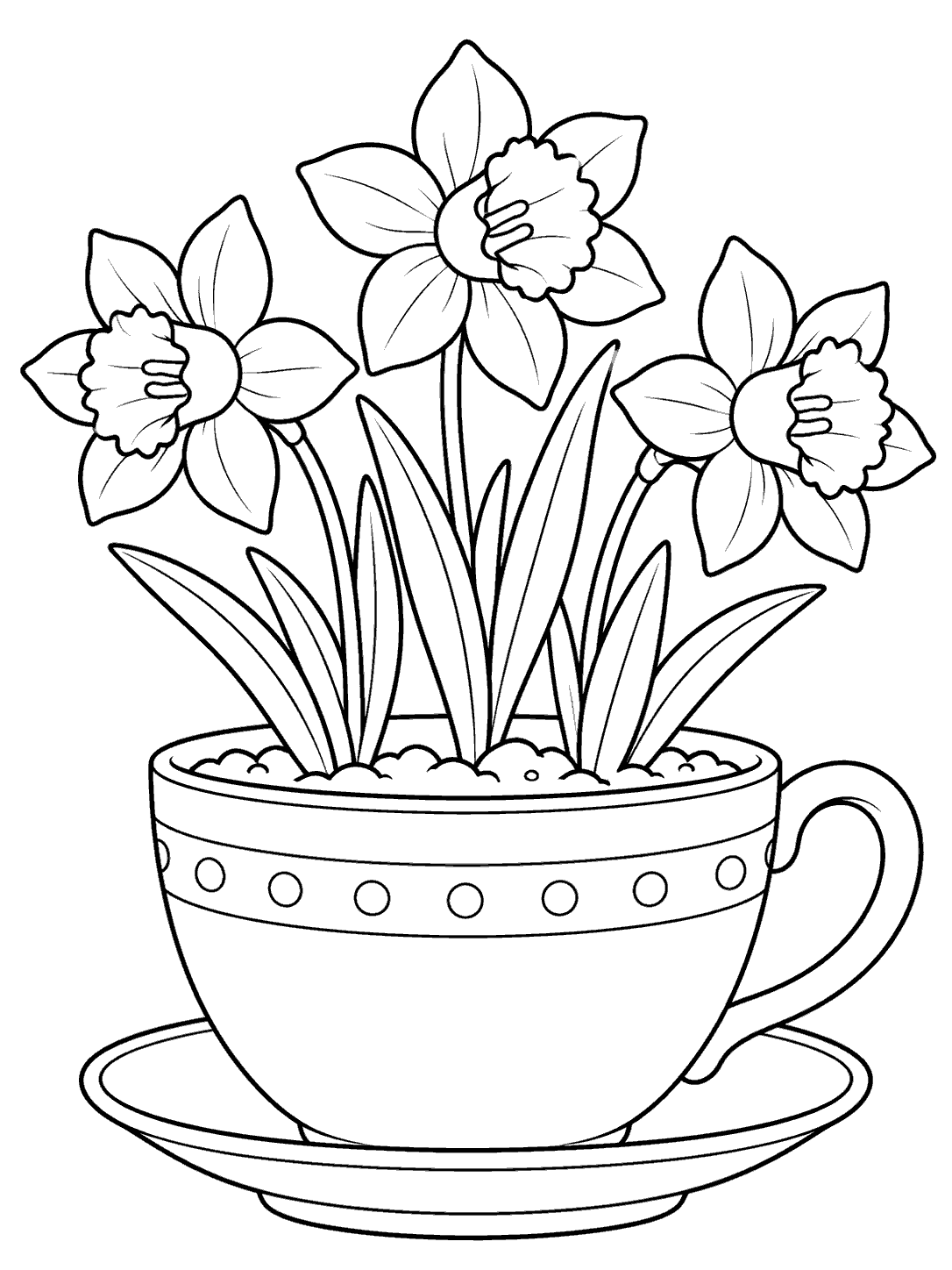 Black outline daffodil coloring page showing three blooms growing from a dotted teacup planter on a saucer.