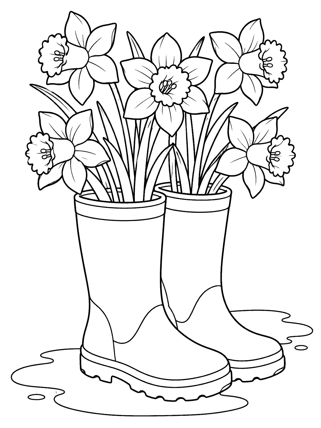 Black-and-white coloring page of five daffodils growing from two rain boots, with puddles nearby.