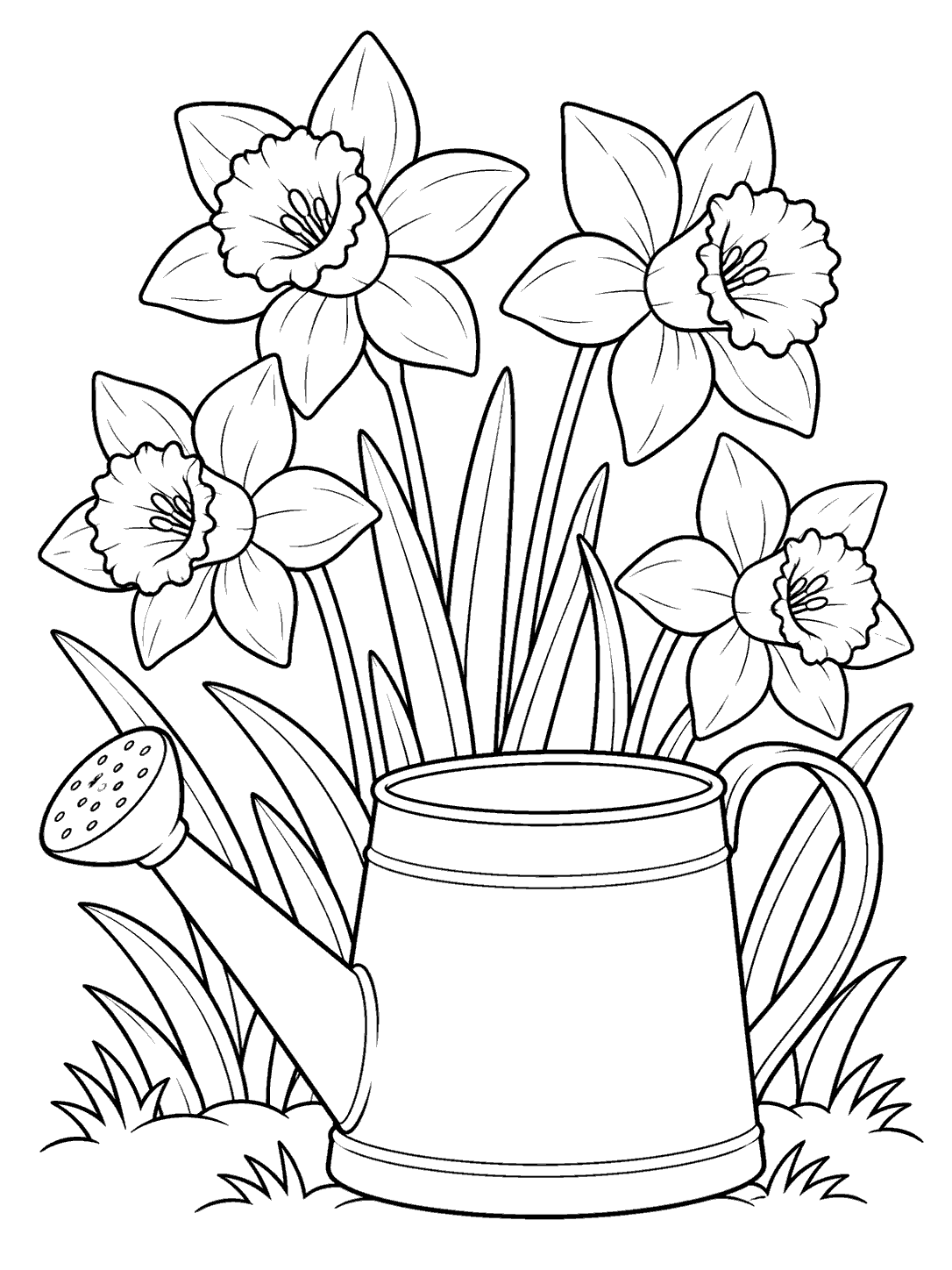 Daffodil coloring page with four flowers and a watering can