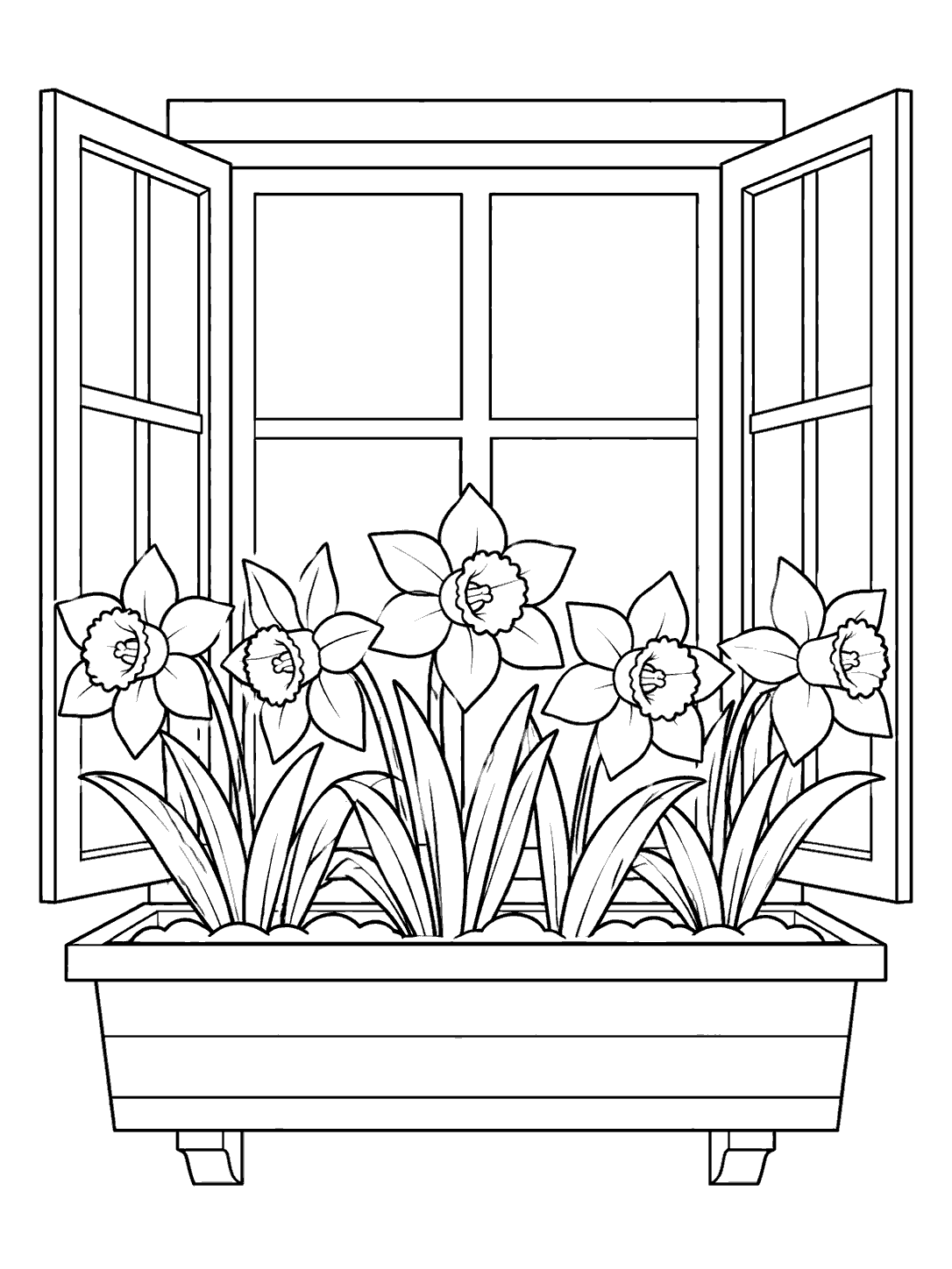 Black outline coloring page showing five daffodils in a planter beneath an open window