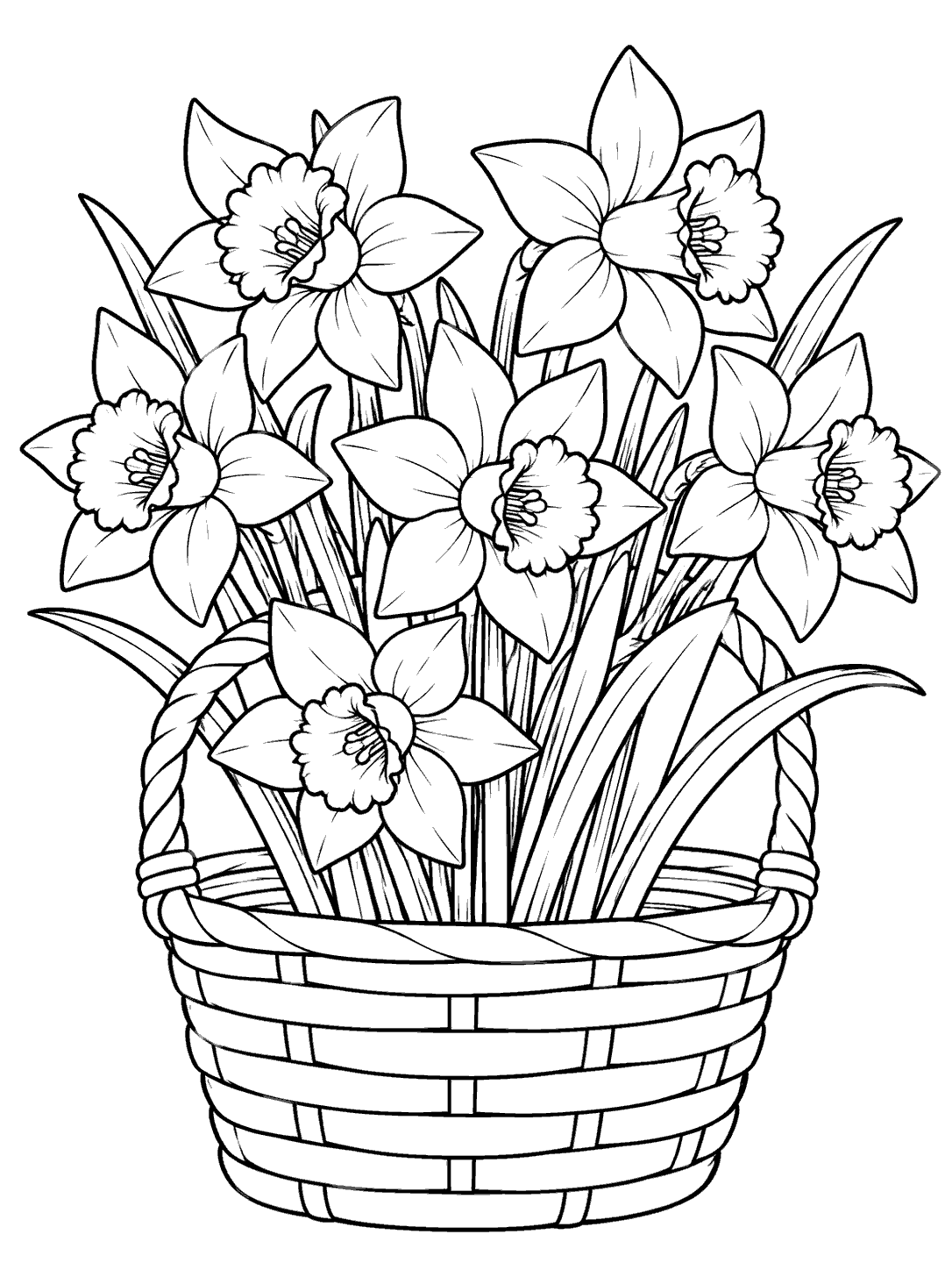 Black line-art coloring page of a handled basket filled with seven daffodils and long leaves.