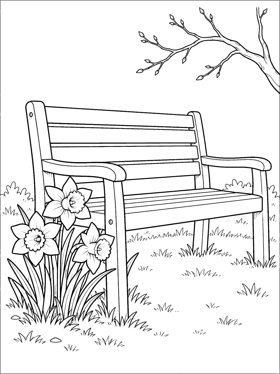 Black-and-white coloring page showing three daffodils beside a slatted garden bench with a bare branch above.