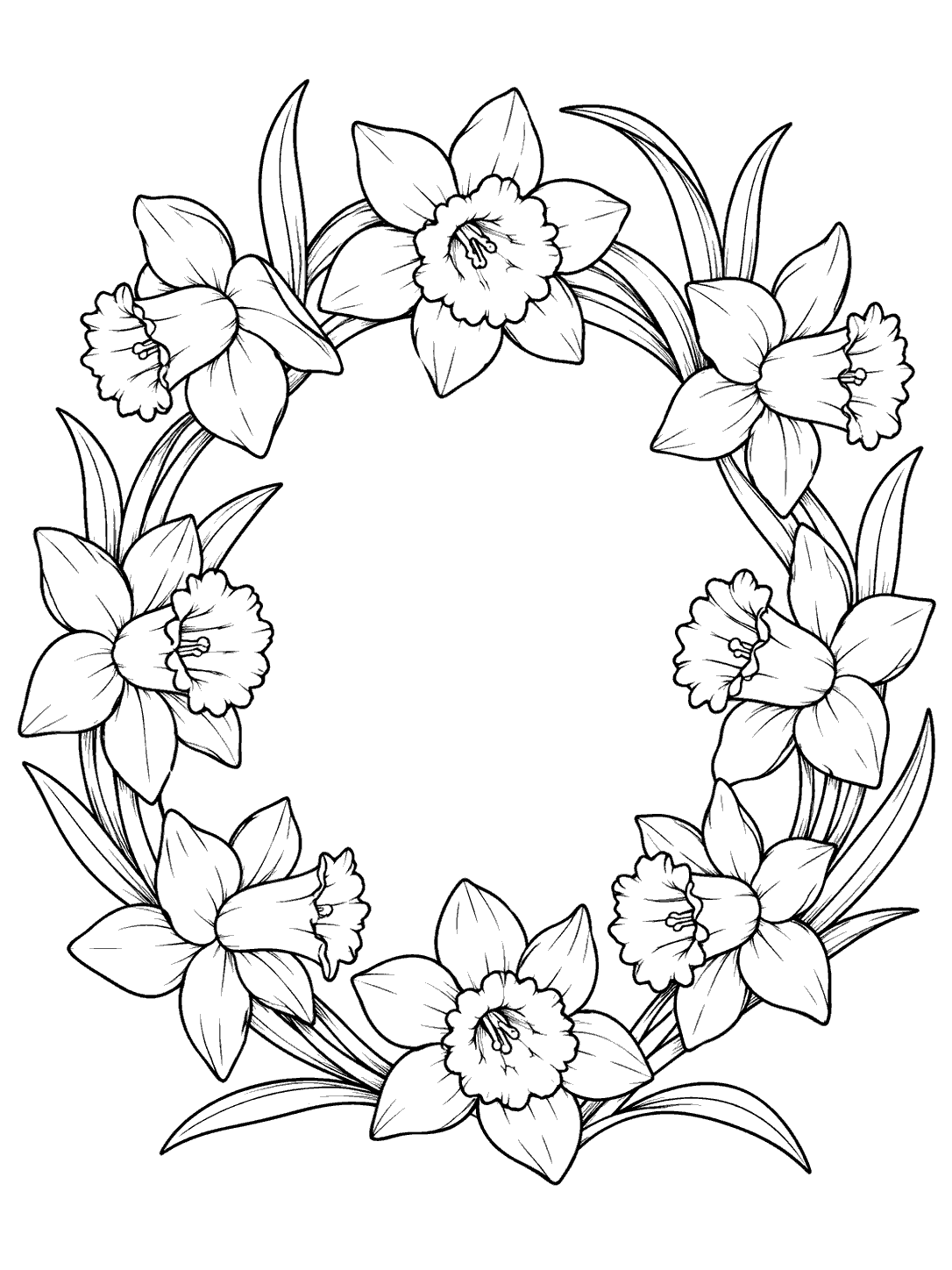 Black-outline daffodil coloring page with eight blooms and curved leaves arranged in a circular wreath.