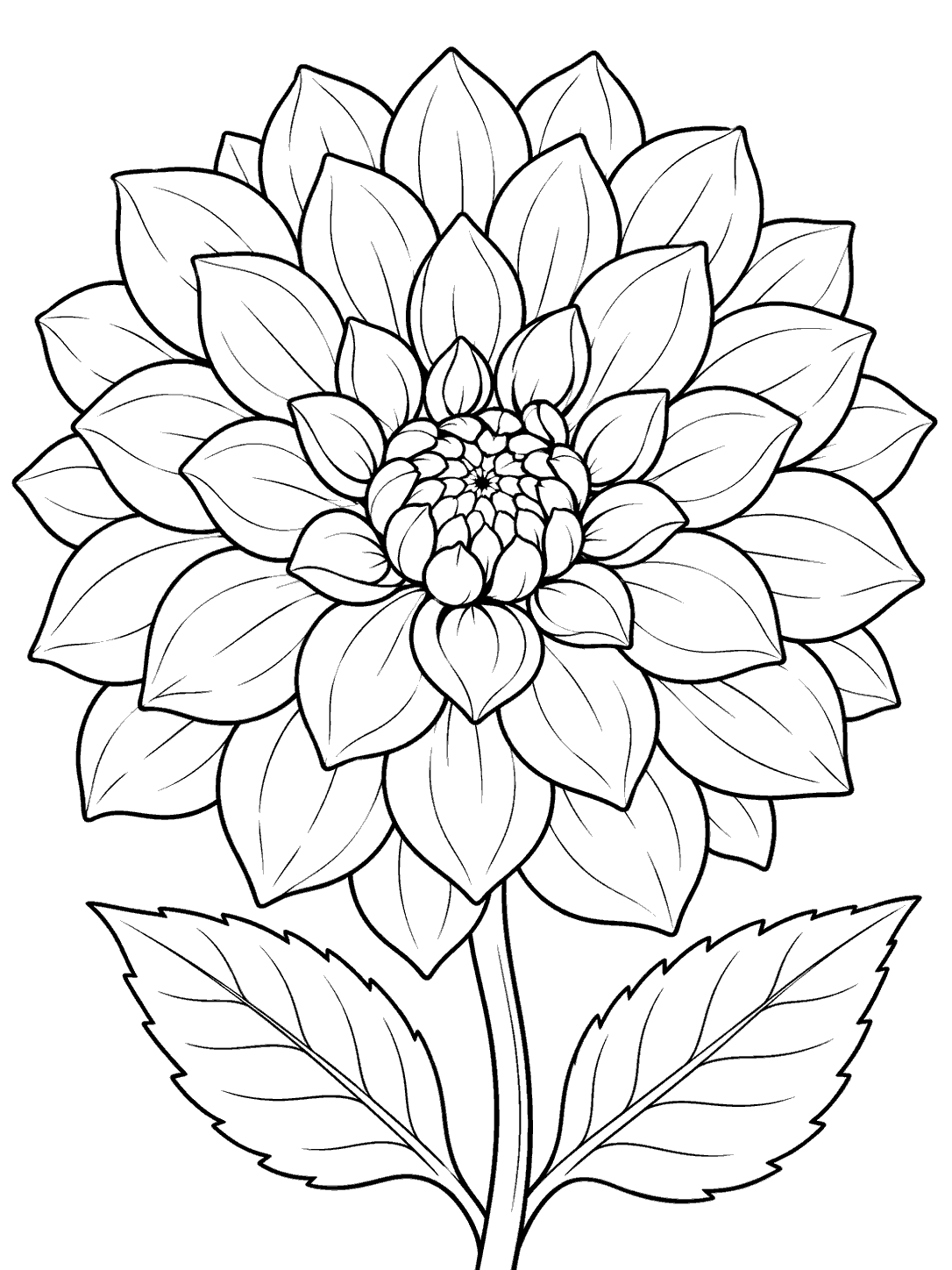 Black outline coloring page of a front-facing dahlia with layered petals, a short stem, and two leaves.