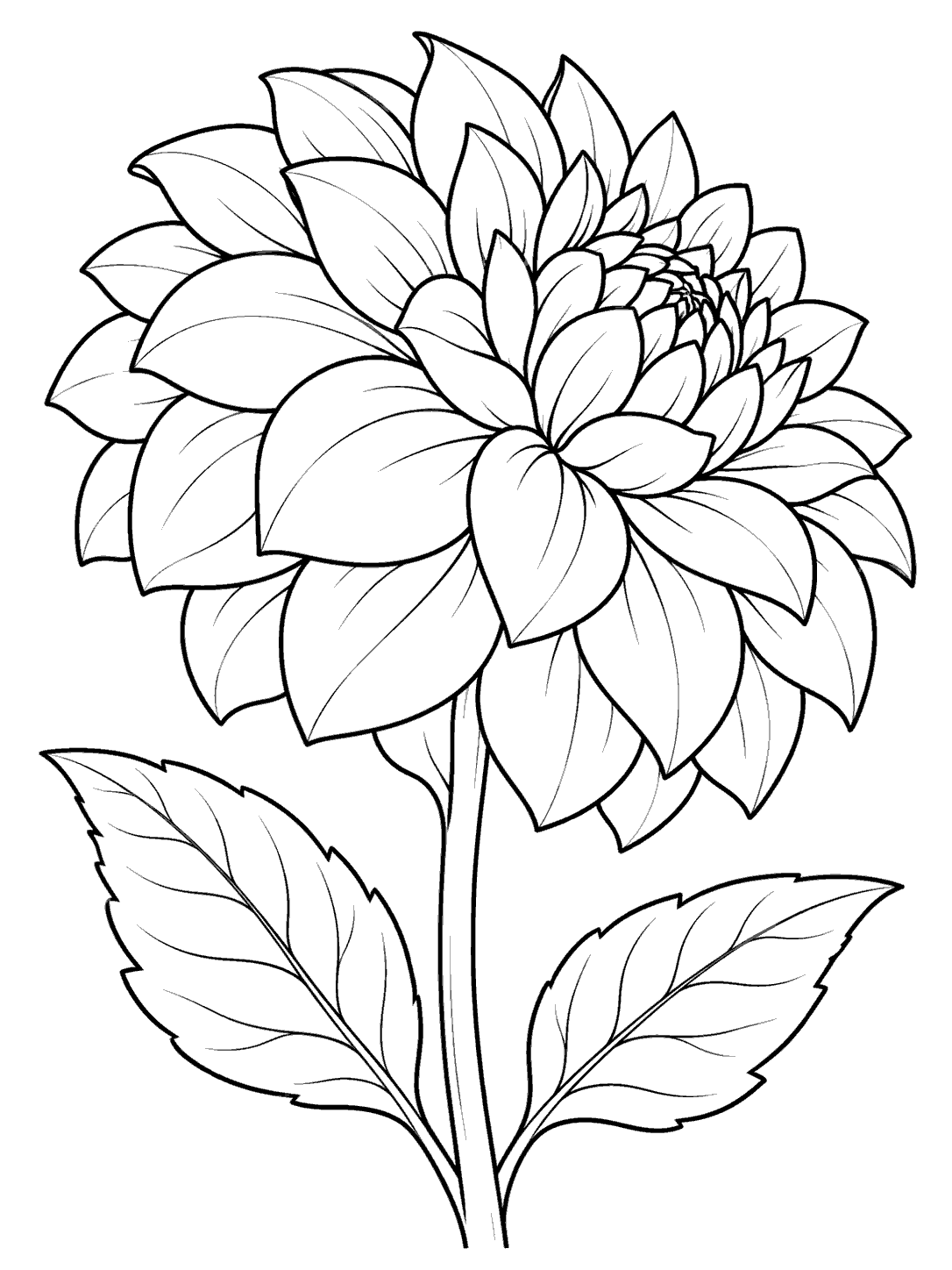 A side-view dahlia with a rounded layered flower head, sturdy stem, and two leaves.