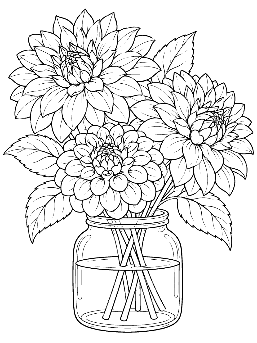 Black and white coloring page showing three dahlias and leaves arranged in a wide jar with a visible water line.
