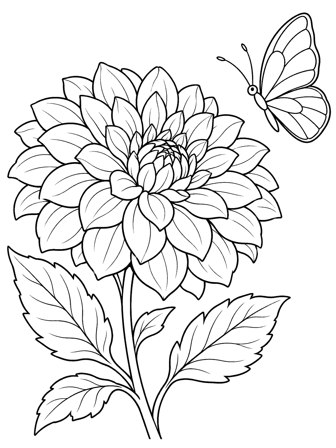 Black outline coloring page of a large dahlia on a leafy stem with a butterfly beside it