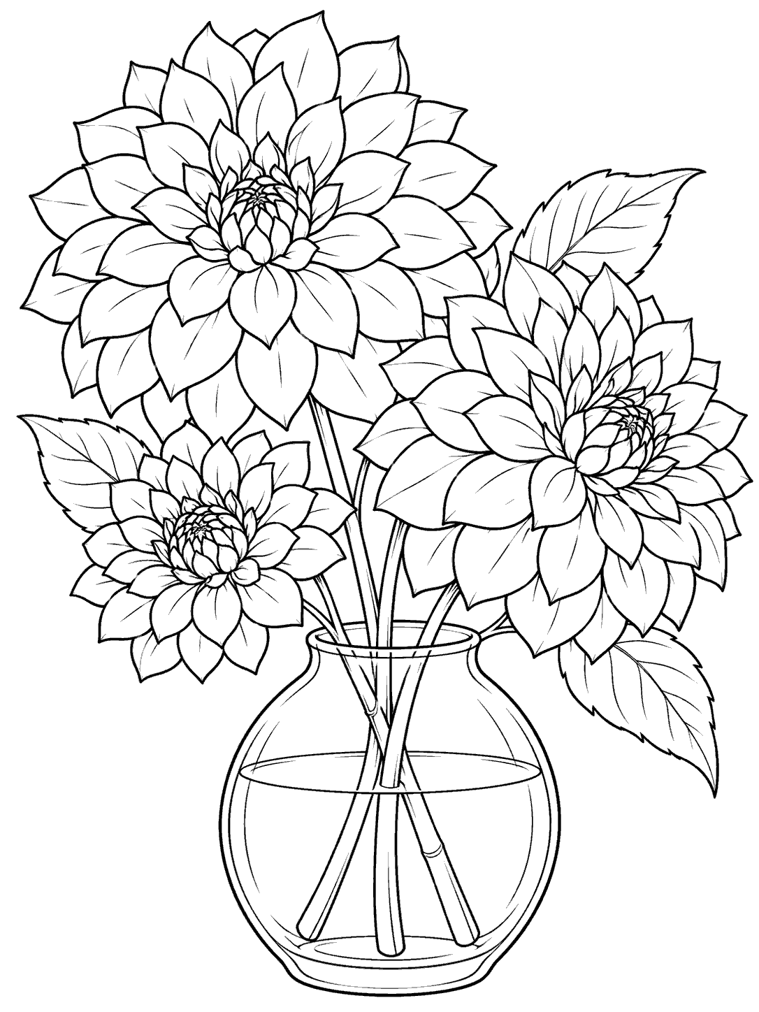 Three large, layered dahlia blooms with a few leaves arranged in a rounded vase.