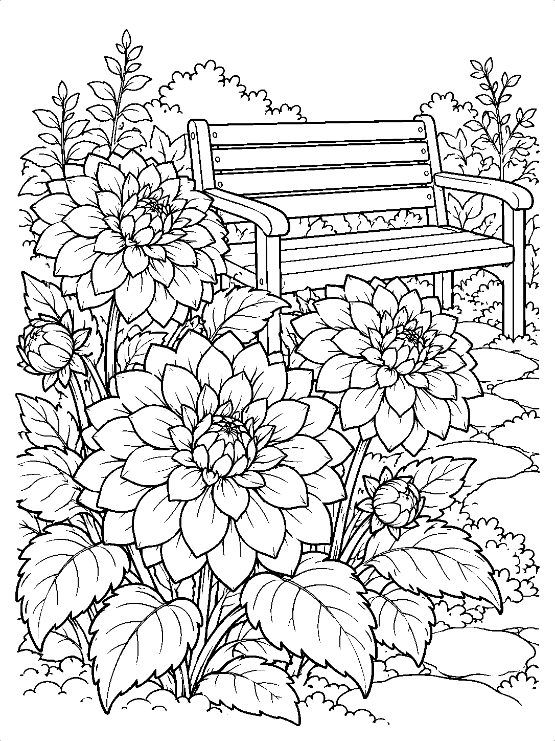 Three large dahlia blooms and buds with broad leaves in front of a slatted bench, surrounded by garden foliage.
