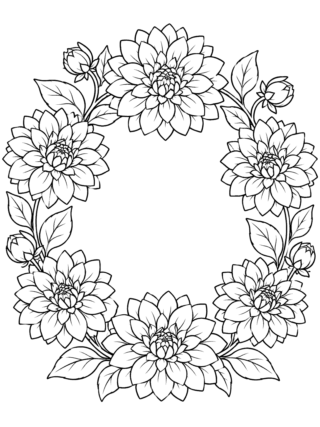 Open circular wreath of six large dahlia blooms, smaller buds, and leaves surrounding a clear center.
