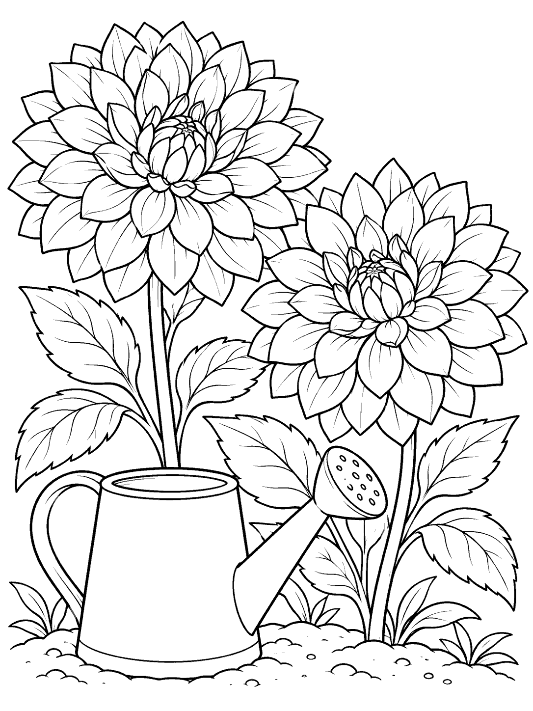Two large outlined dahlias, foliage, soil, and a plain watering can on a white coloring page.