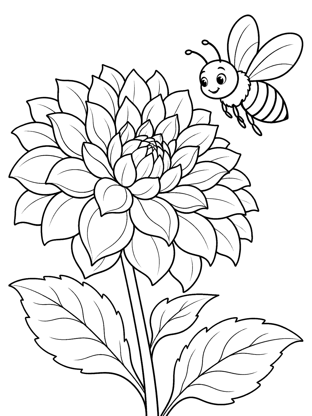 A striped bee with open wings beside a large dahlia on a leafy stem, drawn in black outlines on white.