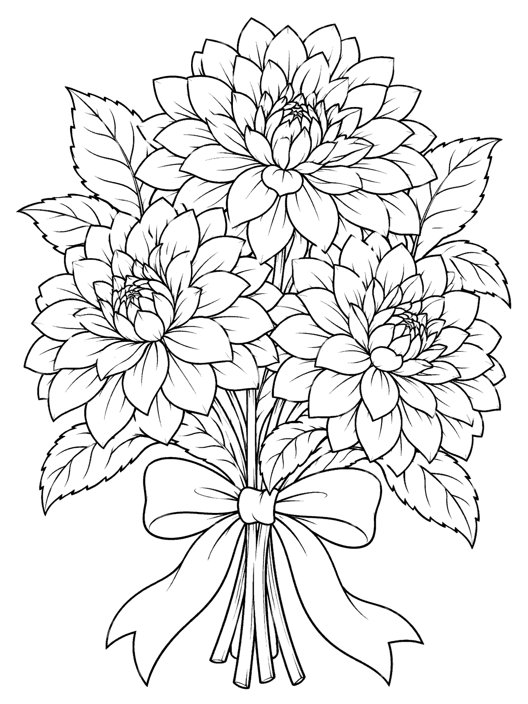 Three outlined dahlia blooms with leaves, tied at the stems with a broad bow