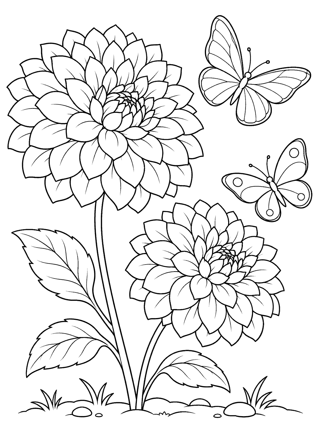 Two dahlia flowers on stems with two butterflies in a simple garden.