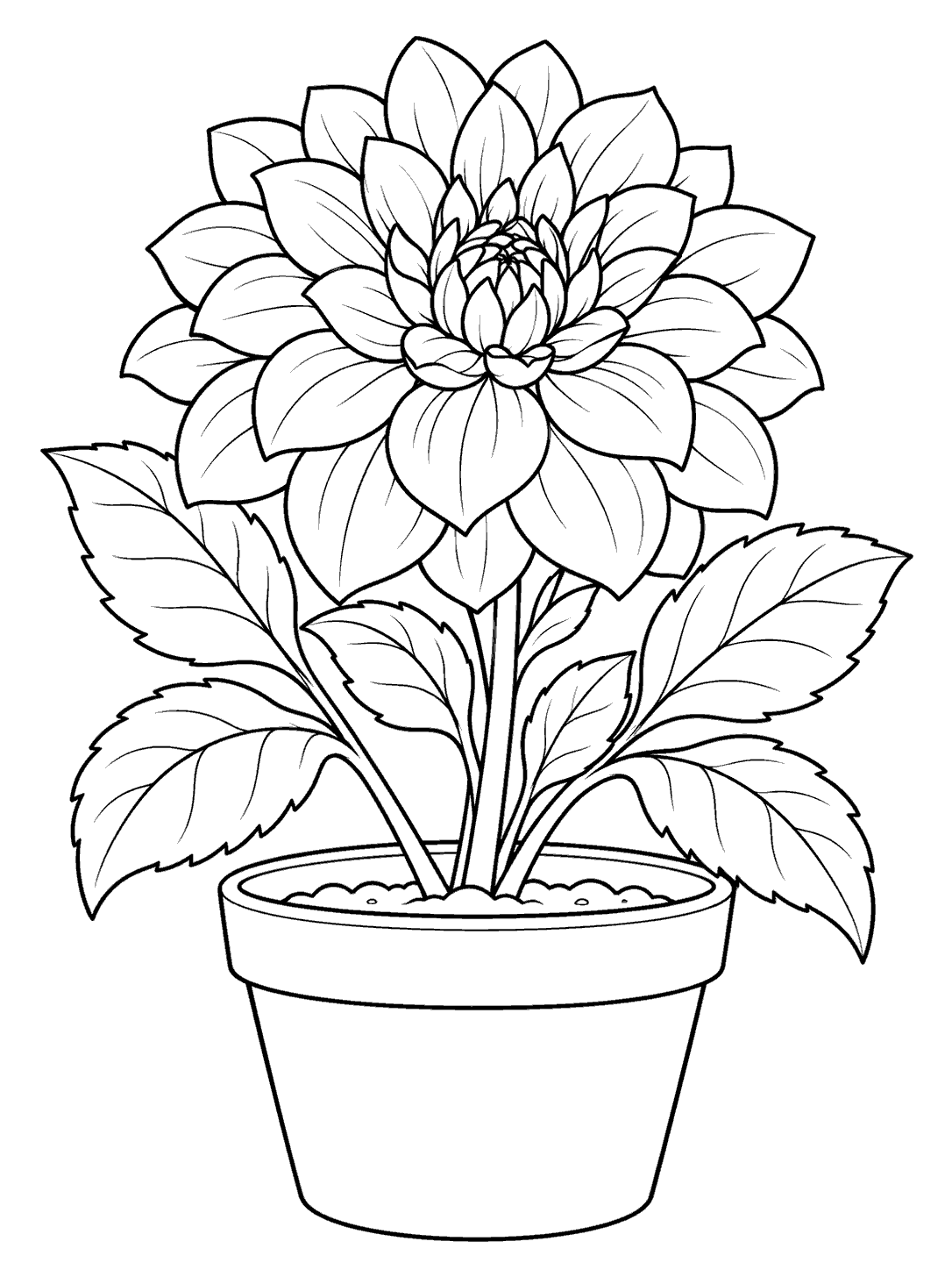 Black ink coloring page of a single dahlia plant with a full bloom, several leaves, a simple soil line, and a wide undecorated flower pot.